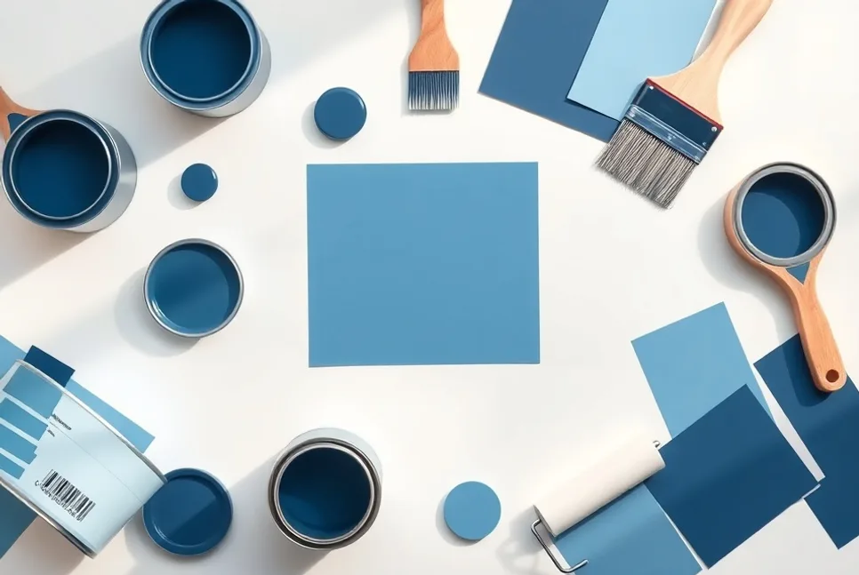 Pots de peinture, nuancier, brosses et rouleaux disposés à plat