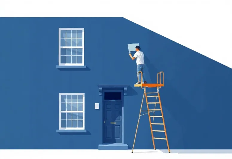 Peintre sur échafaudage traitant la façade d'une maison