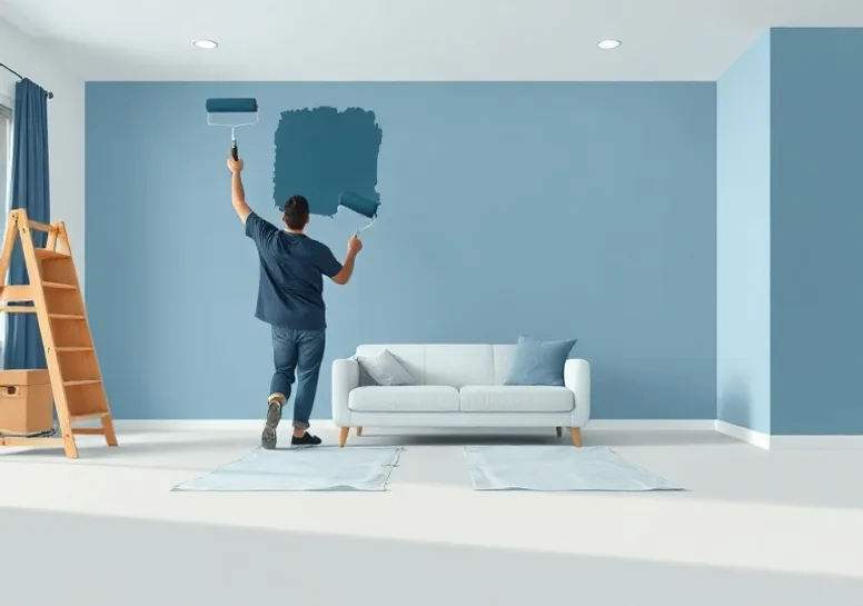 Peintre appliquant la peinture au rouleau sur un mur de salon